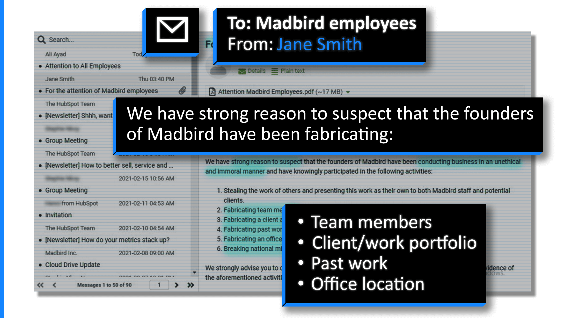 kegiatan madbird terbongkar apabila pekerja mendapat emel dari sumber yang tidak diketahui